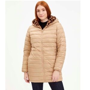 Jessica Simpson REVERSIBLE Champagne & Leopard Hooded Puffer Coat Woman’s Medium